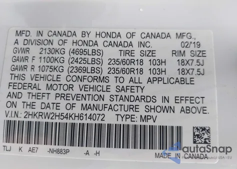 2019 Honda Cr-V Ex from USA, damaged, VIN 2HKRW2H54KH614072